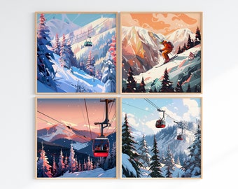 Retro Whistler Ski Mountain Digital Art | Digital Painting Printables | Set of 4 Square Format | colorful ski snowboard mountain decor
