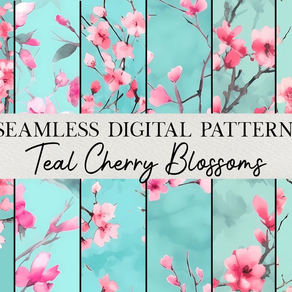 Teal and Pink Cherry Blossom Seamless Pattern | Digital Scrapbook Paper | floral flowers japanese tree printable fabric commercial use