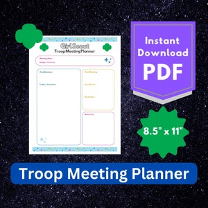 Planejador de reunião de escoteiras para impressão - Agenda de planejamento do líder de tropa - Planilha mínima de atividades de crachá - Download instantâneo PDF