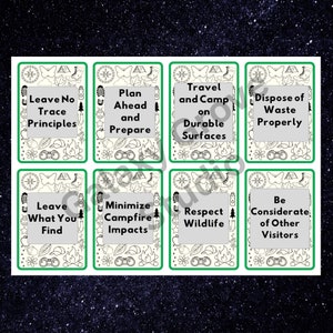 May include: Eight illustrated cards with green borders and white backgrounds. Each card features a different Leave No Trace principle, such as "Leave No Trace Principles", "Plan Ahead and Prepare", "Travel and Camp on Durable Surfaces", "Dispose of Waste Properly", "Leave What You Find", "Minimize Campfire Impacts", "Respect Wildlife", and "Be Considerate of Other Visitors".