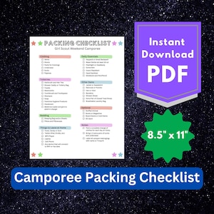 May include: A white printable packing checklist for a Girl Scout Weekend Camporee, measuring 8.5 inches by 11 inches. The document features categorized sections for clothing, toiletries, bedding, daily essentials, and other items with checkboxes.