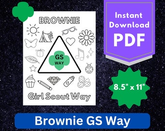 May include: Printable coloring page featuring a Girl Scout Brownie GS Way patch with a green background and the words "GS Way" in white. The patch is surrounded by various symbols, including a sun, a tent, a heart, a flower, a butterfly, a pumpkin, a leaf, a star, a cupcake, a pencil, a diamond, a water bottle, and cookies. The text "Brownie GS Way" is at the bottom of the page.