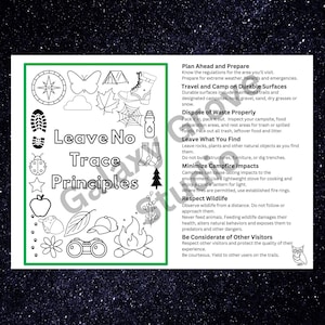 May include: Black and white illustration of Leave No Trace principles for camping and hiking. The illustration includes a compass, butterfly, boot, water bottle, ladybug, star, apple, acorn, binoculars, and a campfire.