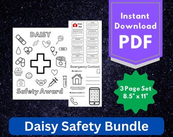 Puede incluir: Un conjunto de tres páginas PDF Daisy Safety Bundle que mide 21,59 cm por 27,94 cm. Las páginas presentan arte lineal en blanco y negro que incluye una cruz grande, iconos médicos, instrucciones de primeros auxilios y un formulario.