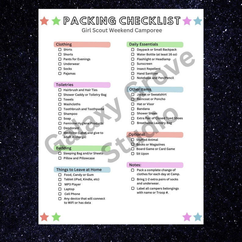 Girl Scout Packing Checklist Spring/summer Camporee Printable Cabin