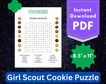 Girl Scout Cookie Word Search Puzzle Game for Kids - Little Brownie Baker Printable Worksheet Activity - Daisy Brownie Junior Cadette Badge