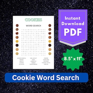 May include: A white printable word search game sheet titled COOKIES with a grid of letters surrounded by various cookie illustrations. The sheet includes a list of words to find and a purple banner stating Instant Download PDF with 8.5" x 11" dimensions.