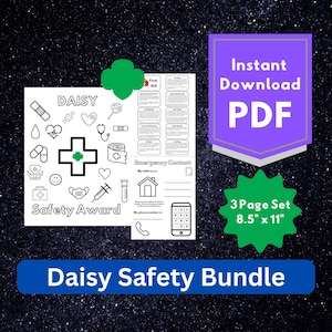 Girl Scouts Daisy Safety Award Pin and First Aid Kit Activity Worksheets - Coloring Page - Troop Meeting - Emergency