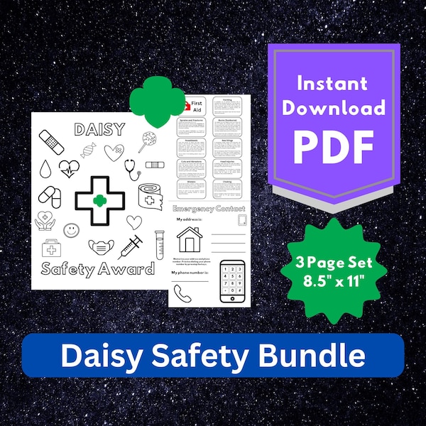 Girl Scouts Daisy Safety Award Pin and First Aid Kit Activity Worksheets - Coloring Page - Troop Meeting - Emergency