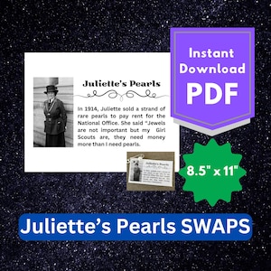 May include: A printable PDF document titled Juliette's Pearls, measuring 8.5 inches by 11 inches. It features a black and white photograph of a woman in a 1914 uniform, text detailing the sale of pearls for the National Office, and a small pearl pin.