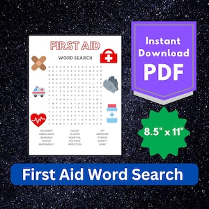 First Aid Word Search Puzzle Game for Kids - Worksheet Activity - Digital Printable Download - Girl Scout Brownie Badge