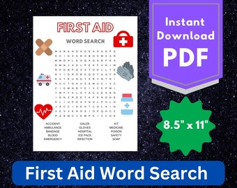 First Aid Word Search Puzzle Game for Kids - Worksheet Activity - Digital Printable Download - Girl Scout Brownie Badge