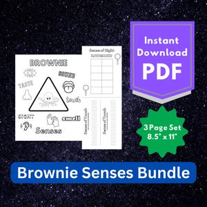 May include: A three-page PDF printable set titled Brownie Senses Bundle, measuring 8.5 inches by 11 inches. The pages feature black and white line art including an octopus, a magnifying glass, and labels for the five senses: sight, sound, taste, touch, and smell.