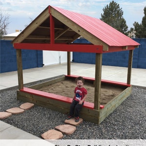 DIY Step-By-Step Building Instructions in 40 Steps for Large Sandbox with Roof and Two Benches. Intermediate Skill-Level. PDF Download.