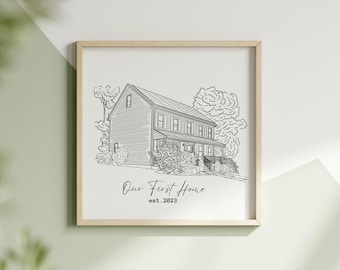 Dessin au trait de maison personnalisée | Croquis de maison personnalisée | Dessin au trait de maison à télécharger