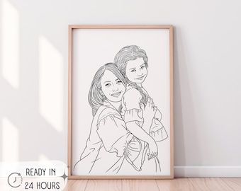 May include: A framed black and white line art portrait of two people embracing. The artwork is in a light wood frame and is displayed against a white wall. The text "READY IN 24 HOURS" is in the lower left corner.