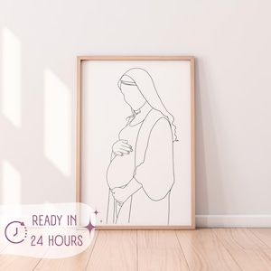 Schwangere Frau Kunst | Baby Geburt Kunst | Schwangerschaft Line Art | Portrait von schwangere Frau sitzen und Bauch halten druckbare Kunst