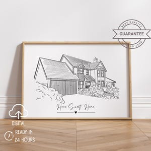 Ritratto di casa personalizzato da foto, disegno di una casa a linea singola, schizzo in bianco e nero, regalo di inaugurazione della casa, regalo per la prima casa, schizzo di casa