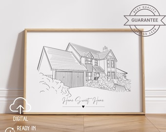 Portret van een aangepast huis van een foto, eenlijnstekening van een huis, zwart-witschets, housewarmingcadeau, eerste huiscadeau, schets van een huis