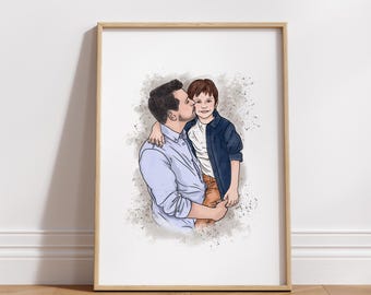 Obraz akwarelowy na zamówienie | Portret rodzinny | Spersonalizowany portret ze zdjęcia | Prezent od syna na Dzień Ojca | Portret akwarelowy