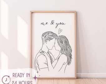 Personalized Couple Portrait | Custom Line Portrait Gift for Boyfriend Last Minute Birthday Gift for Him Couple Line Art