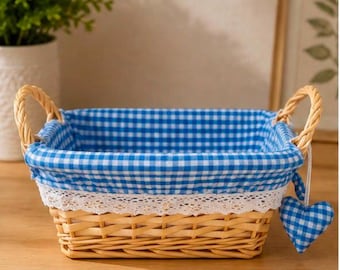 Gingham Lined Wicker Basket with Lace Trim | Pink or Blue Basket | Baby Gift Basket | Nursery Storage Basket | Gift Hamper Basket