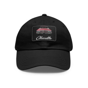 May include: Black baseball cap with a red and white patch featuring a vintage Chevrolet Chevelle car and the text "Chevelle".