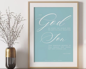 John 3:16 Bible Verse Wall Art Print, Duck Egg Blue Scripture Art Print, Elegant Christian Wall Art Print