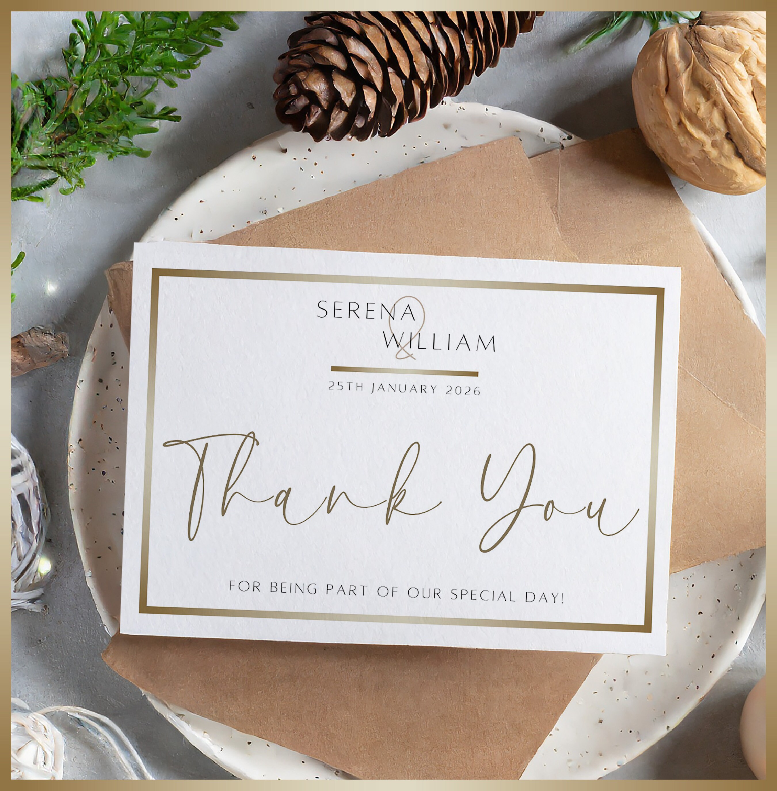 Gold Thank You Card Template, Wedding Thank You Card 5x7 Template ...