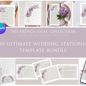 Lilac Complete Wedding Template Bundle, Editable Rustic Lilac Wedding Set, Vintage Wedding Suite, Romantic Digital Evite, Dreamy Wedding Set