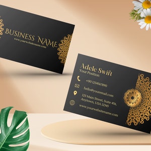Plantilla de tarjeta de visita moderna - Tarjeta de visita editable, Tarjeta de visita imprimible - Tarjeta de visita negra y dorada, Tarjeta negra personalizada