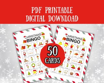 May include: Two Christmas Bingo cards with festive illustrations of gifts, elves, and ornaments. The cards are bordered with red and white stripes and feature the text "Christmas Bingo" and "50 Cards". The top banner reads "PDF Printable Digital Download".