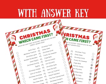 Könnte beinhalten: Zwei weihnachtliche Spielblätter mit rot-weiß gestreiftem Rand und Illustrationen des Weihnachtsmanns. Der Text lautet "CHRISTMAS WHICH CAME FIRST?" mit einer Liste von weihnachtsbezogenen Artikeln.