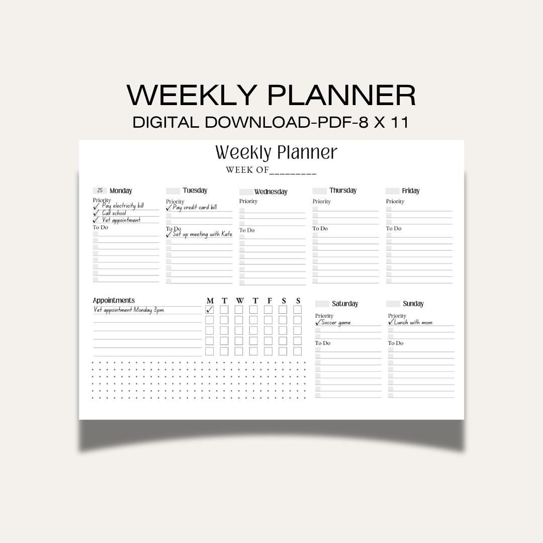 Undated Weekly Planner: Minimalist Daily Task List (PDF Download) - Etsy