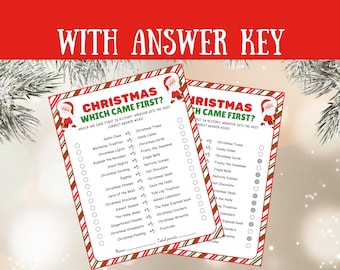 Könnte beinhalten: Zwei weihnachtliche Spielblätter mit dem Titel "Christmas Which Came First?" in Rot und Grün. Die Blätter enthalten eine Liste von weihnachtsbezogenen Artikeln mit Kontrollkästchen. Die Worte "With Answer Key" stehen oben.