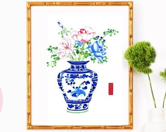Digital Wall Art, Modern Chinoiserie Blue & White Ginger Jar, Blue Willow Chinoiserie Art Printable, Grandmillennial Decor, Preppy Decor
