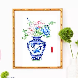 Digital Wall Art, Modern Chinoiserie Blue & White Ginger Jar, Blue Willow Chinoiserie Art Printable, Grandmillennial Decor, Preppy Decor
