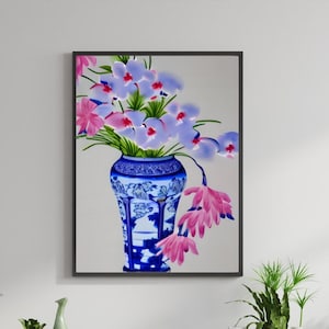 Digital Wall Art, Chinoiserie Orchid and Blue Ginger Jar, Modern Chinoiserie Art, Grandmillennial Decor, Blue Willow, Original Printable Art