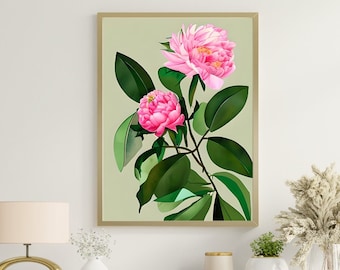 Afdrukbare Wall Art, Peony Botanische Print, Modern Floral Painting, Pioenrozen Kunst, Botanische Kunst, Grandmillennial Decor, Originele Digitale Kunst