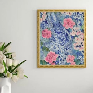 Digital Wall Art, Orchid Chinoiserie et Blue Ginger Jar, Modern Chinoiserie Art, Grandmillennial Decor, Original Printable Art