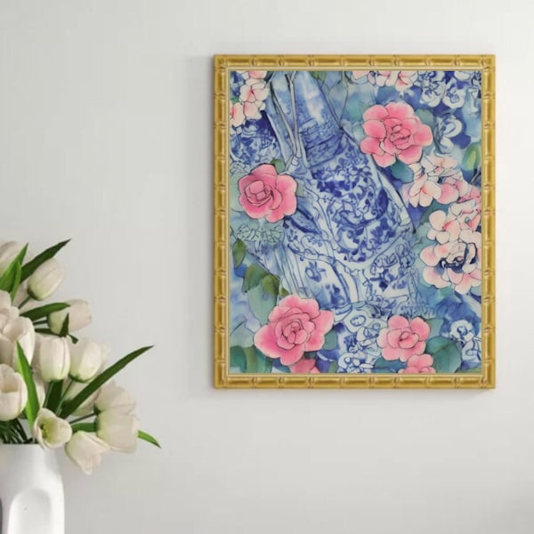 Digital Wall Art, Orchid Chinoiserie and Blue Ginger Jar, Modern Chinoiserie Art, Grandmillennial Decor, Original Printable Art