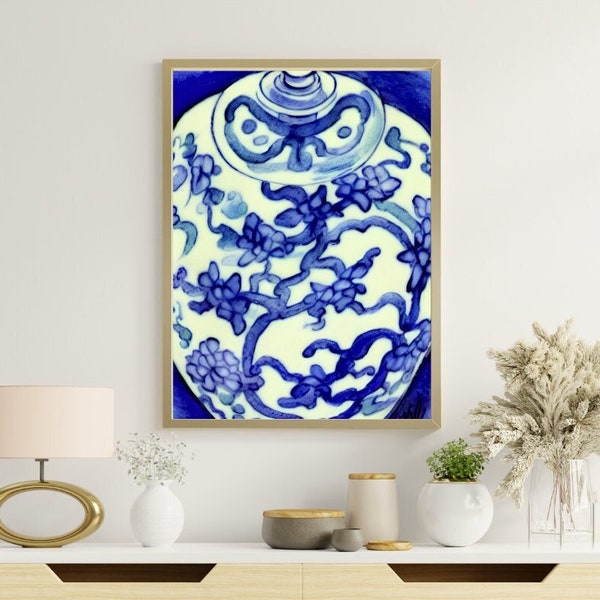 Printable Wall Art, Modern Chinoiserie Grande Blue & White Ginger Jar, Ceramic Chinoiserie Art, Grandmillennial Decor, Original Digital Art