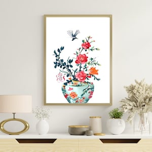 Digital Wall Art, Modern Chinoiserie Blossoms & Bird Floral Still Life, Chinoiserie Art, Grandmillennial Decor, Original Printable Art