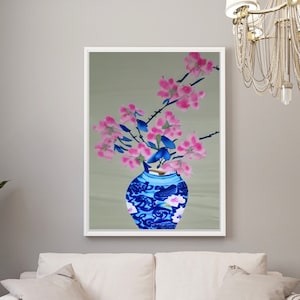 Digital Wall Art, Modern Chinoiserie Blossoms and Blue & White Ginger Jar Chinoiserie Art, Grandmillennial Decor, Original Printable Art