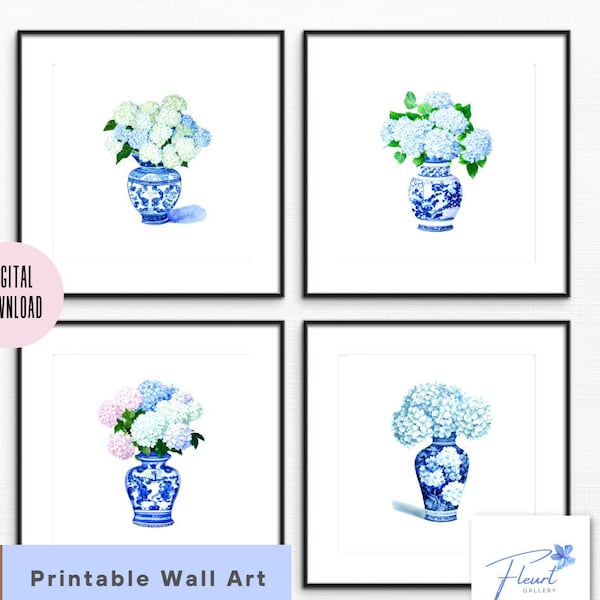 Hydrangea Wall Art, Set of 4 Digital Chinoiserie Art, Watercolor Hydrangea Set, Grandmillennial Original Art, Printable Chinoiserie Art