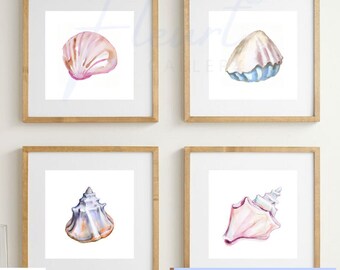 Coastal Wall Art, Set of 4 Digital Beach Art, Watercolor Seashell Set, Ocean Art, Beach House Decor, Nautical Art, Shell Coastal Wall Art