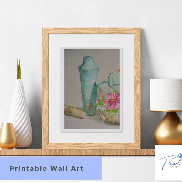 Digital Wall Art, Celadon Pottery & Blossoms, Contemporary Original Art, Chinoiserie Art Printable, Grandmillennial Decor, Printable Art