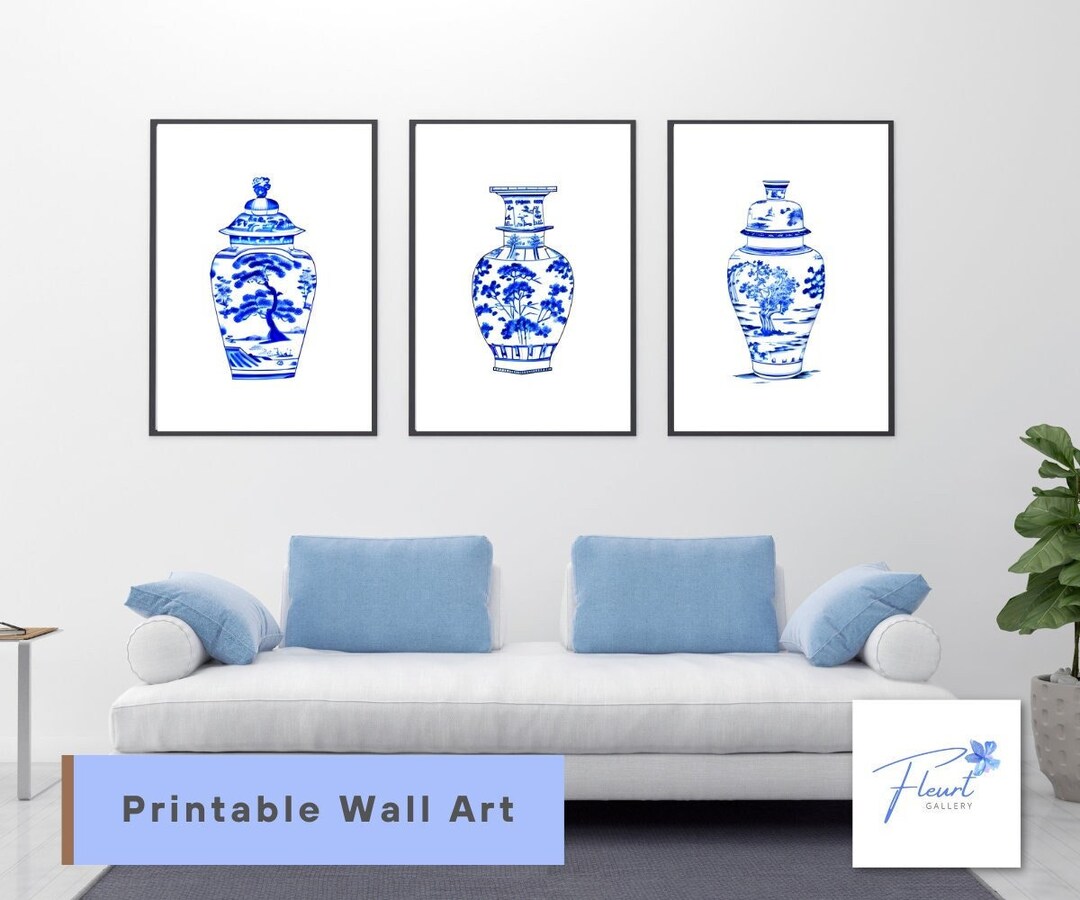 Printable Wall Art, Set of 3 Digital Chinoiserie Art, Blue & White ...