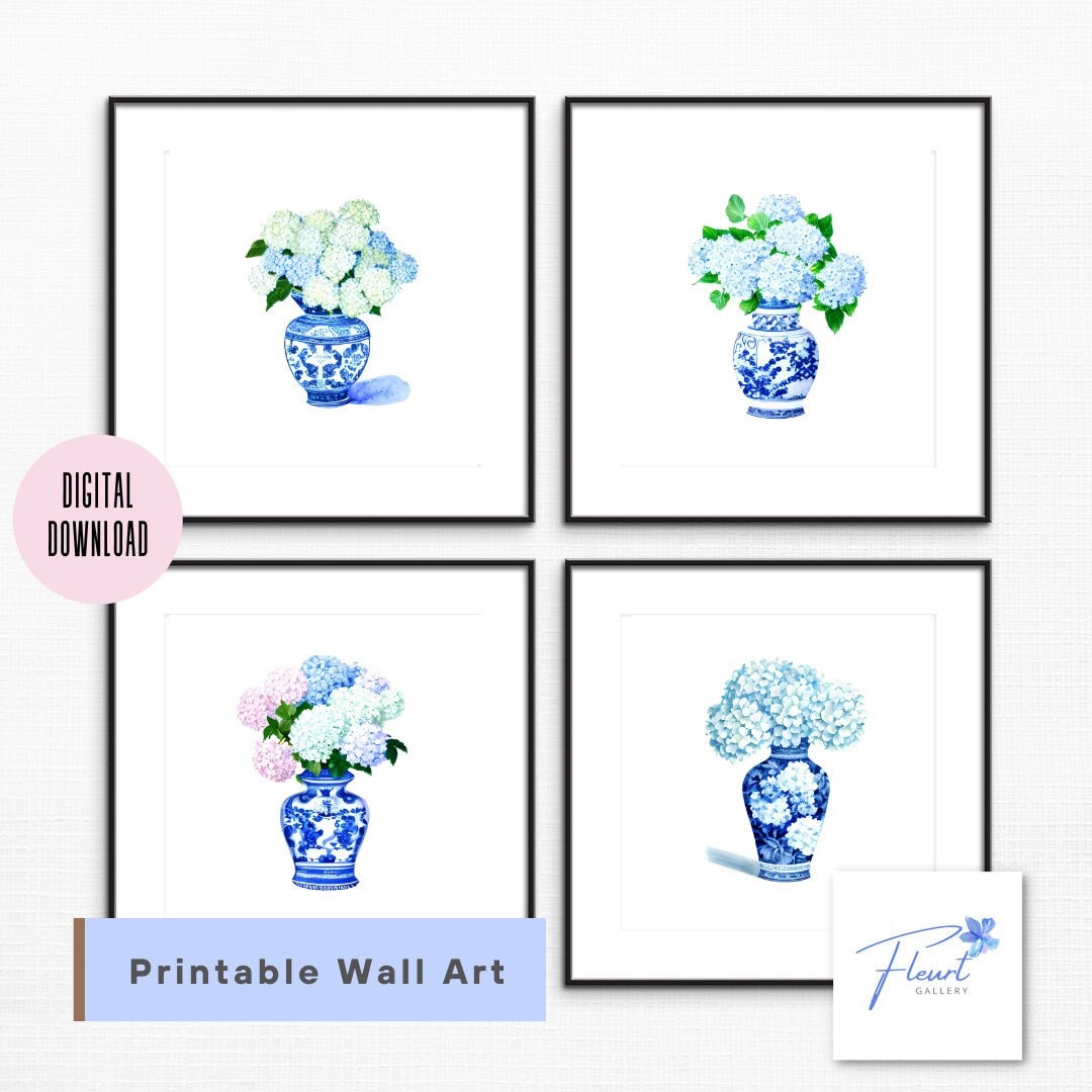 Hydrangea Wall Art, Set of 4 Digital Chinoiserie Art, Watercolor ...