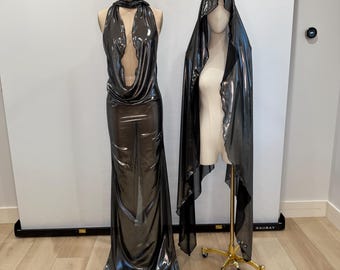 Handmade Déesse Du Désert Metallic Dark Grey Chiffon Luminescence with Zipper Maxi Dress Y2K Era early 2000’s Special Rare